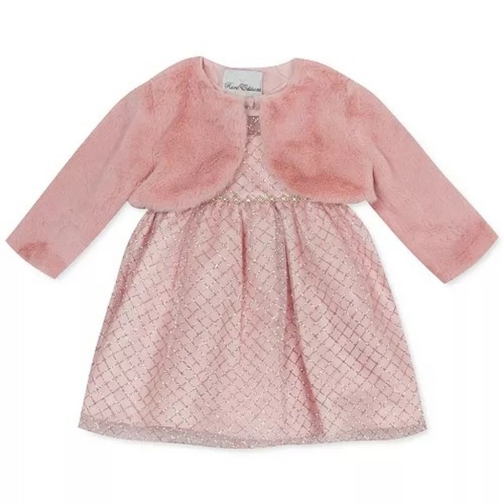 Pink 2-Pc. Faux-Fur Bolero & Glittery Dress Set